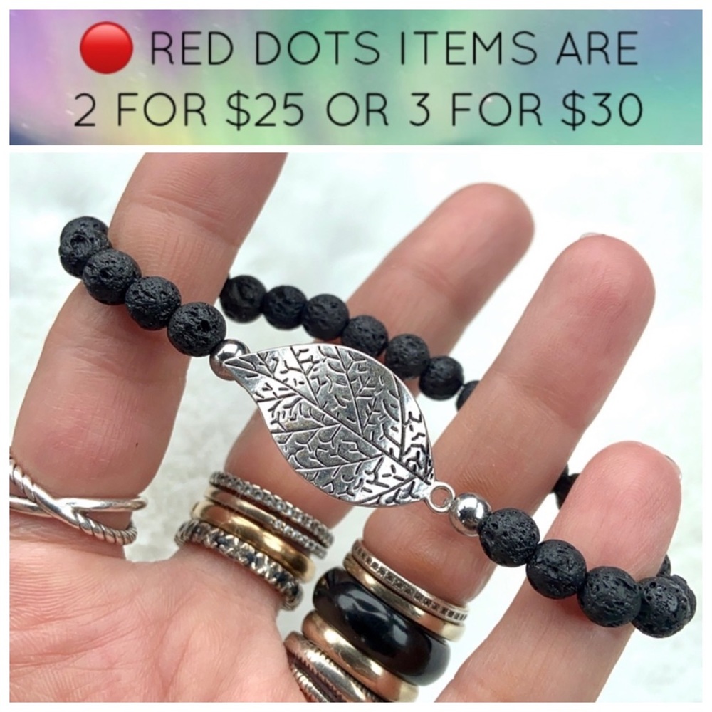 🔴 Black lava rock silver leaf bead bracelet